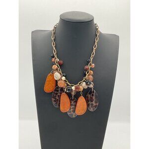 Chunky Statement Necklace Faux Tortoiseshell & Amber Beads On Gold-Tone Chain